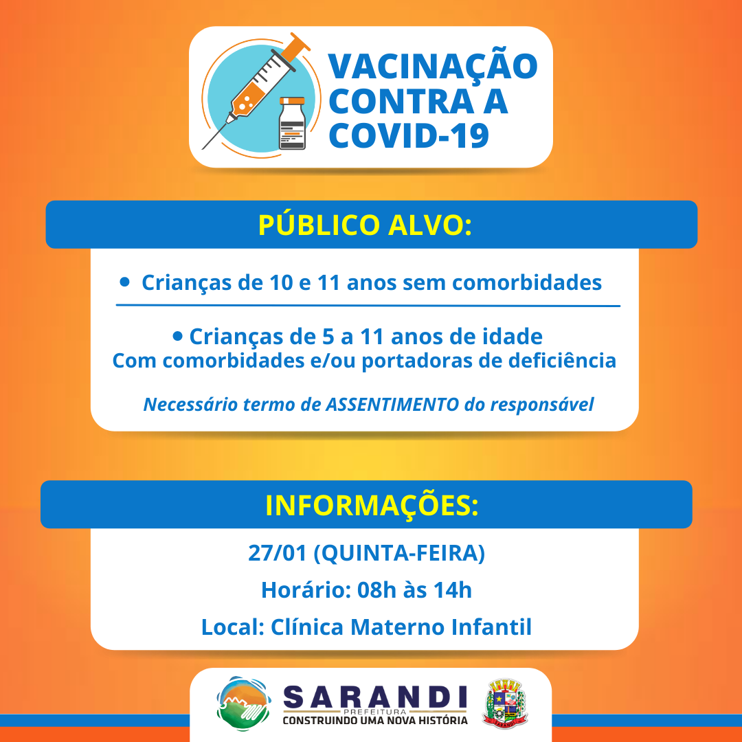 Vacinação Contra Covid-19 - Crianças de 05 a 11 anos de idade - Quinta-feira (27/01)